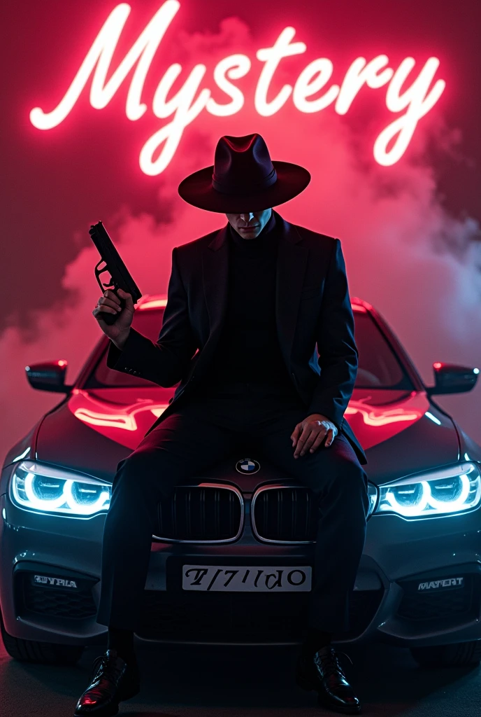 Create a realistic image where a 20 years old boy wearing black luxury suit and wearing a circular cap and hiding his face with cap and sitting on BMW car with number plate of tango, he's holding a gun in his hand, there is smoke in background and girls are dancing. In background the name "mystery" is showing in bold and neon effects just above the head of the character as per his name. He's smoking with his another hand and having gun in one hand