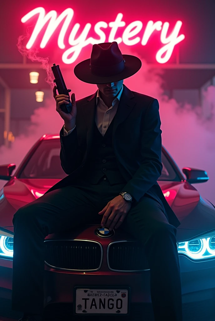 Create a realistic image where a 20 years old boy wearing black luxury suit and wearing a circular cap and hiding his face with cap and sitting on BMW car with number plate of tango, he's holding a gun in his hand, there is smoke in background and girls are dancing. In background the name "whiskey " is showing in bold and neon effects just above the head of the character as per his name. He's smoking with his another hand and having gun in one hand