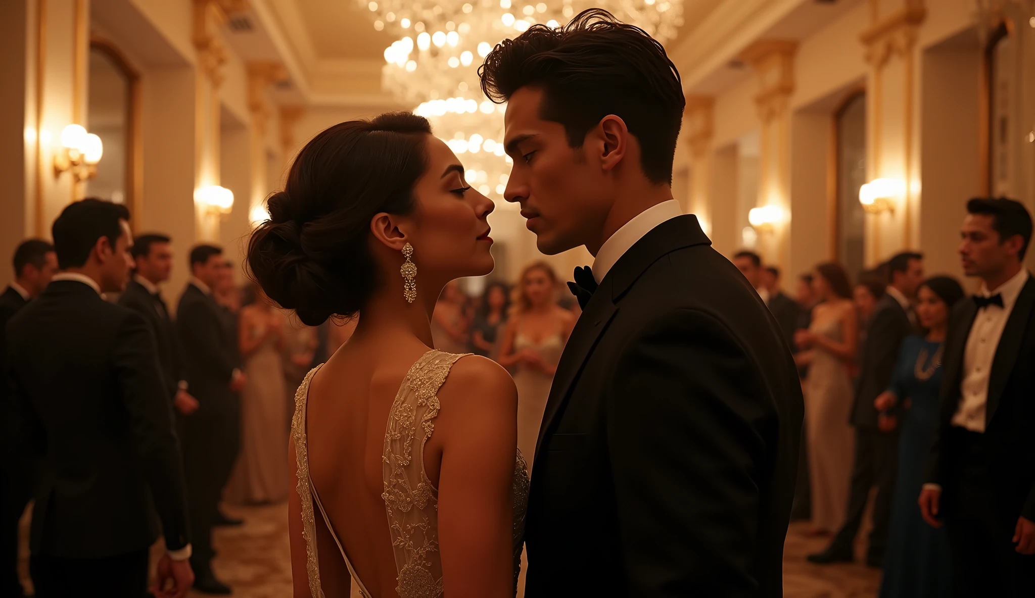 You are the heiress to one of New York's most powerful families. Tonight you're at the annual gala dinner at one of the city's most luxurious hotels. Among the guests is Leo Grayson, a young billionaire who has recently become a topic of discussion in high society. His appearance always arouses interest and intrigue. You exchange glances and he approaches you, smiling demurely, but you can see more than just friendliness in his eyes. masterpiece, uhd, realistic, cinematic, luxury. True tone color correction, natural colors, 
