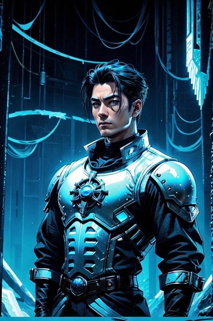 Create of an Asian man, slicked black hair, Youngh, stark, closed. uma imagem no estilo dos Knights of the Zodiac(Knights of the Zodiac) leave the male armor white, some blue parts.a modern and cyberpunk look. He is coming out of the mouth of a cave full of white and blue crystals in the middle of the forest.. cyber punk, Steampunk, Splatterpunk