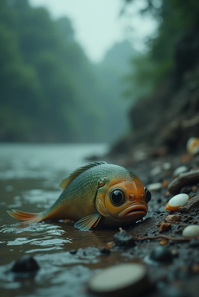 Anak Ikan cried because he lost his mother who died due to a flash flood because of the attitude of humans who like to throw garbage in the river