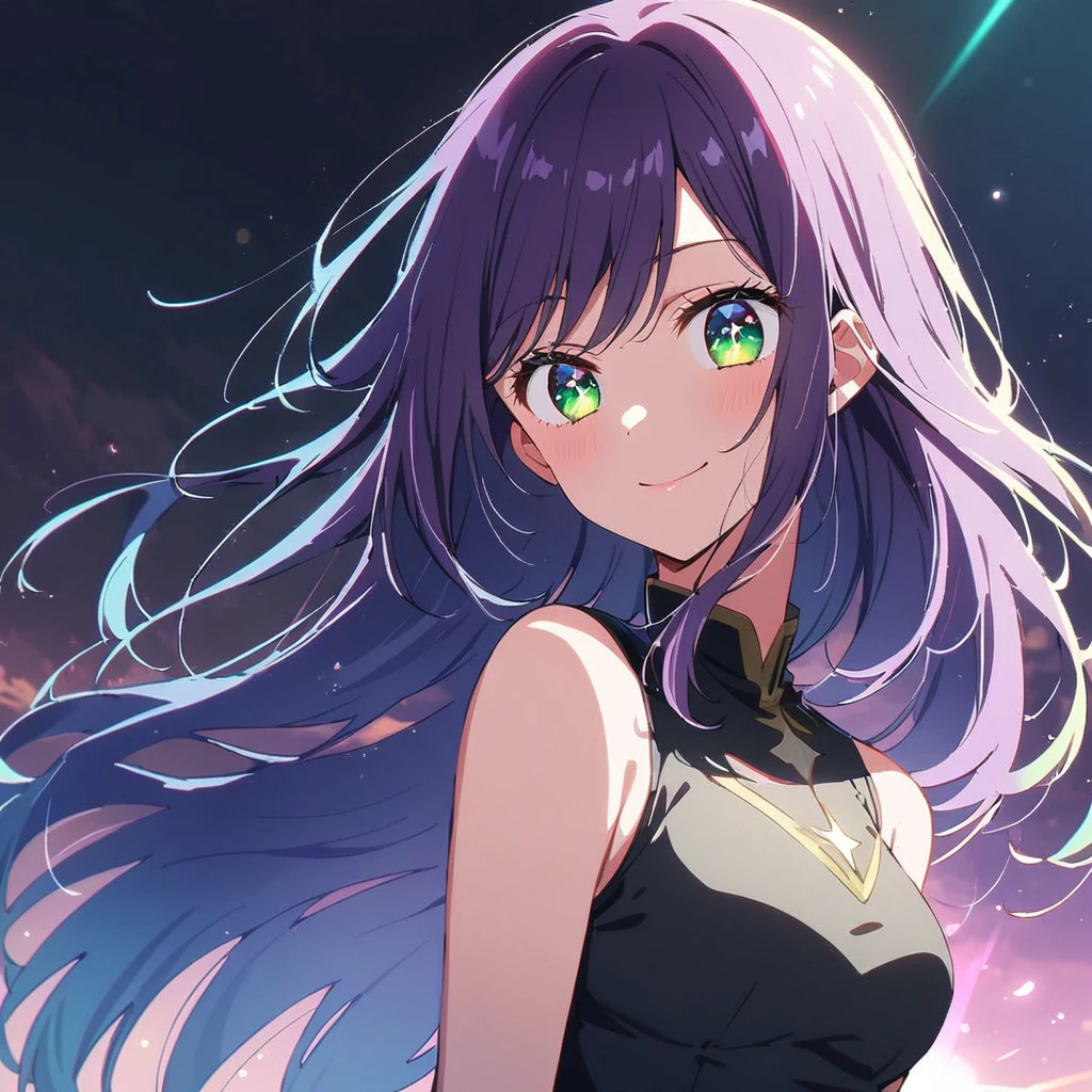 one girl,solo,1girl,akane kurokawa ,slim and delicate body ,very beautiful ,long straight blue hair ,detailed strands,some green and purple hair strands,green rem light coming from the top,wide slanted green eyes,long eyelashes,colored eye highlights ,star pupil, wearing her acting dress , looking down to the viewer and smiling ,sun rem light and light hair strands, very gorgeous ,hight quality ,ultra max quality,soft quality ,oshi no ko akane kurokawa ,oshi no ko ,anime , sexy ,breasts