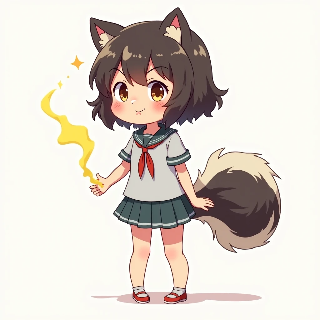 One of the humans、Girlish、pants、Primary school students、anime、animeチック、Skunk ears and tail、child、Fart、solo、Yellow smoke from the buttocks