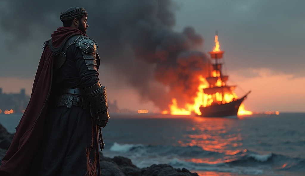 A highly detailed, ultra-realistic portrayal of Thariq bin Ziyad standing on a rocky shore, looking towards burning ships in the background. He should be in traditional Islamic warrior attire with a turban, leather, and iron armor.Burning Ships: Depict ships engulfed in flames on the horizon, with smoke rising into the sky, creating a dramatic and epic atmosphere.Background:Epic and Dramatic: A dark, smoky sky with the faint outline of a distant coastline. The background should be underexposed to enhance the drama and focus on the burning ships and Thariq bin Ziyad.Color Grading:Use cinematic color grading with a focus on deep shadows, warm orange glows from the fire, and contrasting cool blues in the sky and water.