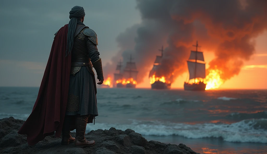 A highly detailed, ultra-realistic portrayal of Thariq bin Ziyad standing on a rocky shore, looking towards burning ships in the background. He should be in traditional Islamic warrior attire with a turban, leather, and iron armor.Burning Ships: Depict ships engulfed in flames on the horizon, with smoke rising into the sky, creating a dramatic and epic atmosphere.Background:Epic and Dramatic: A dark, smoky sky with the faint outline of a distant coastline. The background should be underexposed to enhance the drama and focus on the burning ships and Thariq bin Ziyad.Color Grading:Use cinematic color grading with a focus on deep shadows, warm orange glows from the fire, and contrasting cool blues in the sky and water.