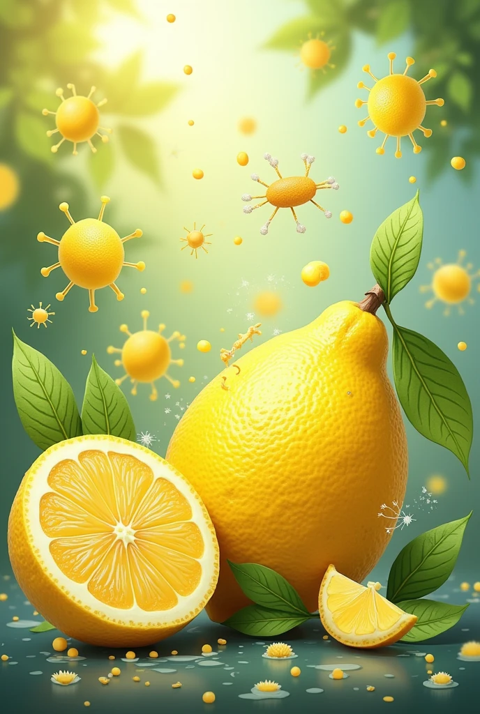nter the world of nature and healing with graphics and icons representing the powerful antibacterial and antifungal properties of lemon. Visualize icons symbolizing the protective and purifying action of lemon against bacteria and fungi, highlighting its revitalizing and healing nature. The graphics shine with vibrant and uplifting colors, conveying the refreshing and invigorating energy of lemon, while the icons capture the essence of cleanliness and health it provides. May these visual representations inspire an appreciation for the natural powers of lemon and the ability of nature to offer solutions for our health and well-being