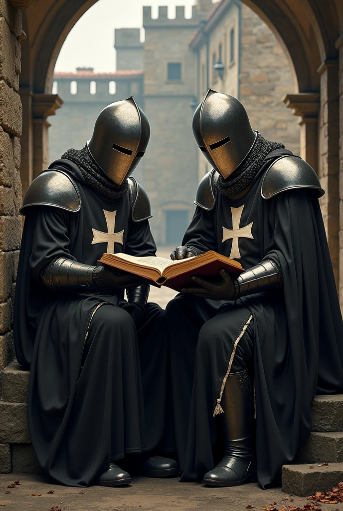 ultra realistic picture of two templar knights in full armor, black robes with white cross, closed templar great helmets, reading a holy script while sitting on a stone bench, monastery in the background