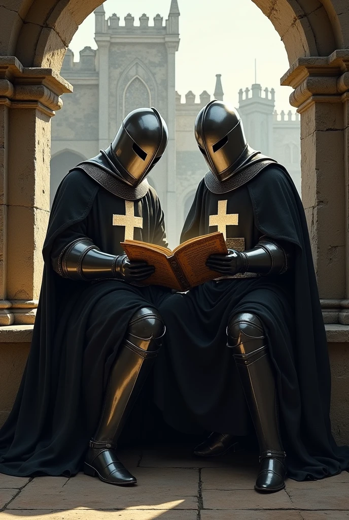 ultra realistic picture of two templar knights in full armor, black robes with white cross, closed templar great helmets, reading a holy script while sitting on a stone bench, monastery in the background