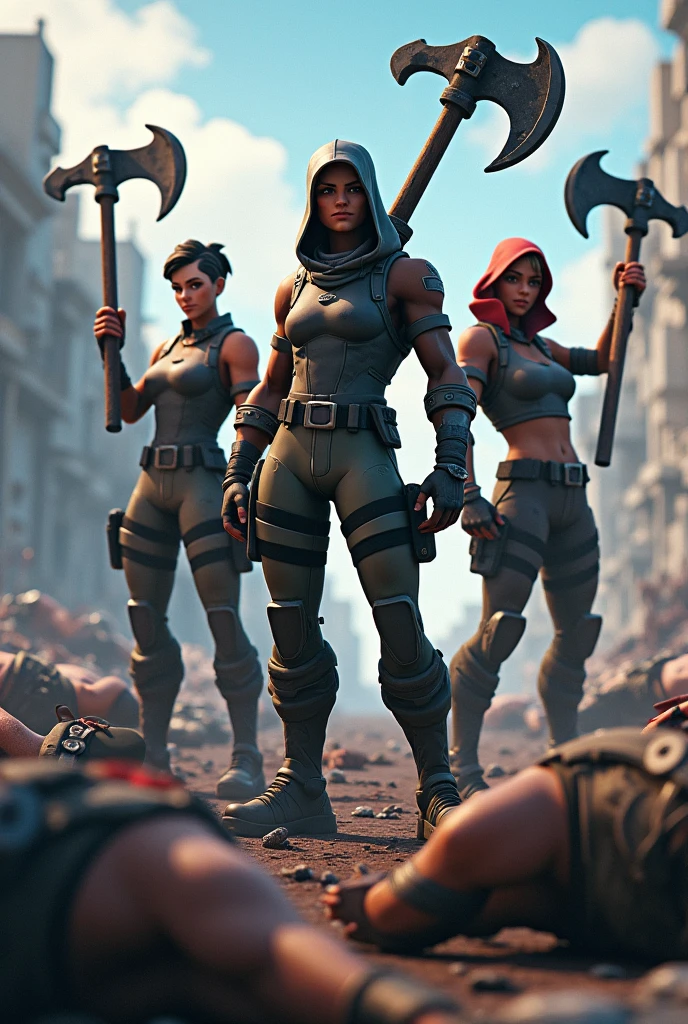 Photo of characters from the game Fortnite with 1 pickaxe in their hand,full of dead bodies around