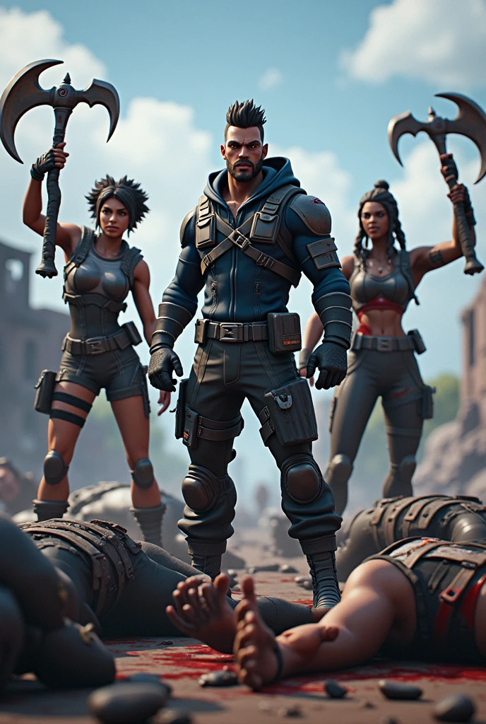 Photo of characters from the game Fortnite with 1 pickaxe in their hand,full of dead bodies around 