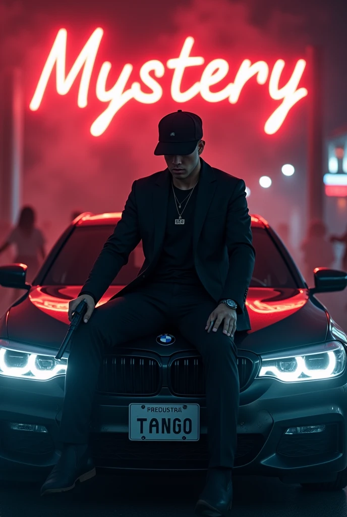 Create a realistic image where a 20 years old boy wearing black luxury suit and wearing a cap and hiding his face with cap and sitting on BMW car with number plate of tango, he's holding a gun in his hand, there is smoke in background and girls are dancing. In background the name "mystery" is showing in bold and neon effects just above the head of the character as per his name. He's smoking with his another hand and having gun in one hand