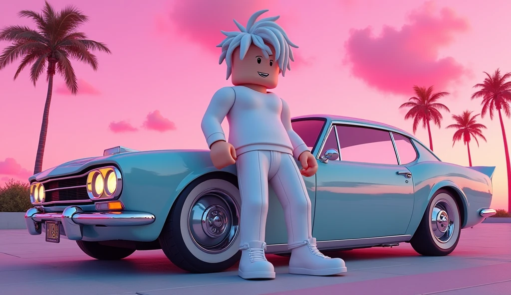 tall square roblox doll with white hair and all white clothes leaning on a classic car, cartoon, Vice City GTA, pink sky beach background