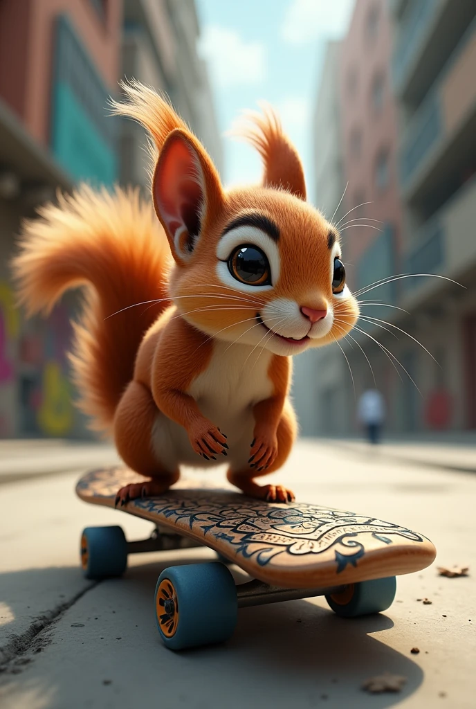 Squirrel holding a tattooed skateboard