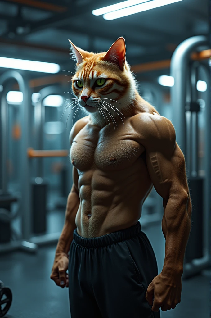 Poor cat Jax is training hard in the gym, seaart infinity, unreal engine, graphics, 8k high resolution