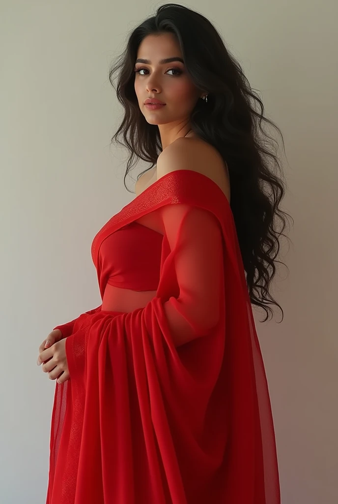 (photorealism:1.2), very beautiful girl , age 18 years , thick body , wearing red saree,