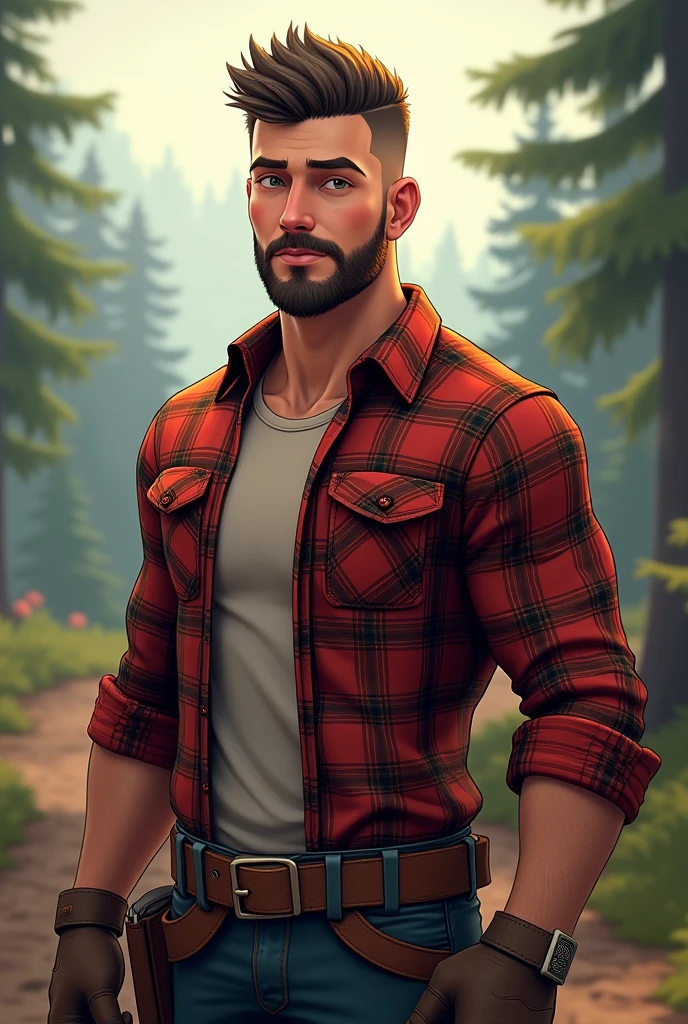 Lumberjack man with closed plaid shirt, beautiful on the chest short beard and shaved hair, athletic young anime