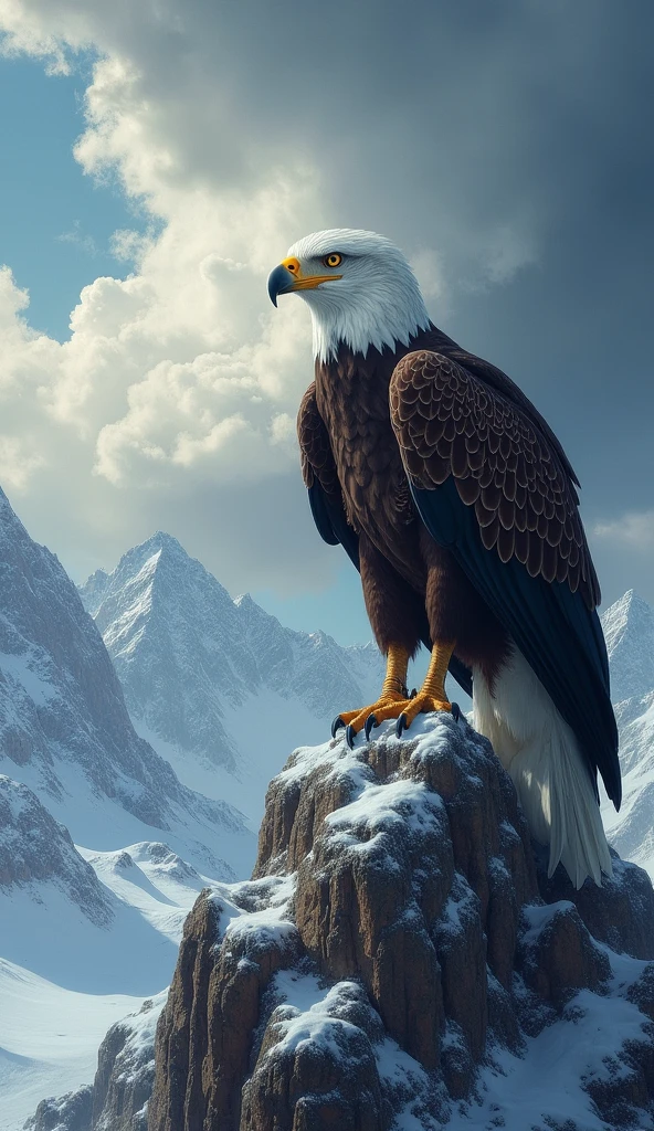 Eagle perched on top of a snow-covered mountain, his piercing eyes watching the distant horizon, storm approaching in the sky, atmosphere of surveillance and dominance, Oil painting with precise brushstrokes and rich textures, dramatic and intense colors, --ar 16:9 --v 5






