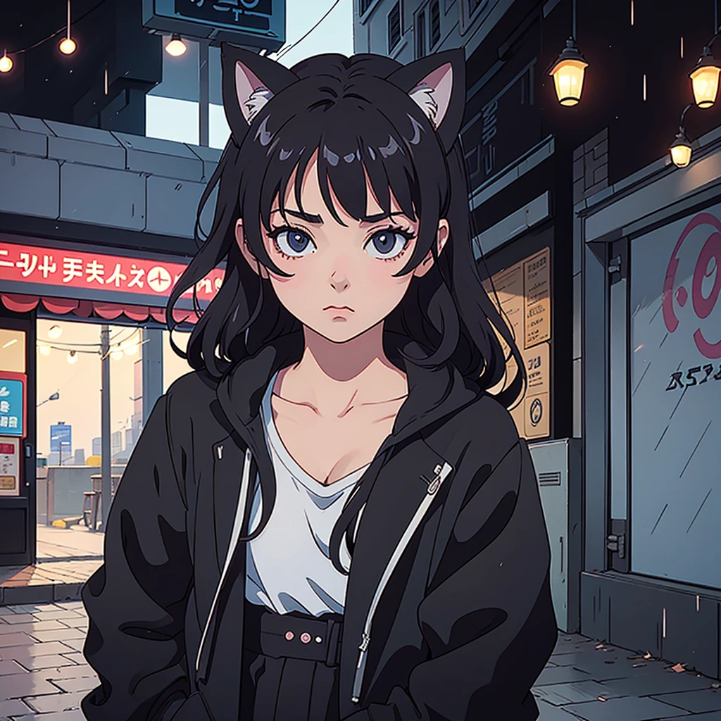 cat girl, with cat ears, short black hair, with rain and relaxing, listening to music, com roupa preta, in a city chuvosa, with black clothes and darker colors, with black clothes and darker colors, with black clothes and darker colors, darker colors in the drawing. in a city, in a city, , looking forward, with cute doting eyes, a quiet place, with plenty of detail in the city in the background, 8 0 s anime vibe, 90s anime aesthetics, 90s anime style, 90's anime style, 90s anime art style, lofi girl, 80s anime art style, 80s Anime Style, 1980's anime style
