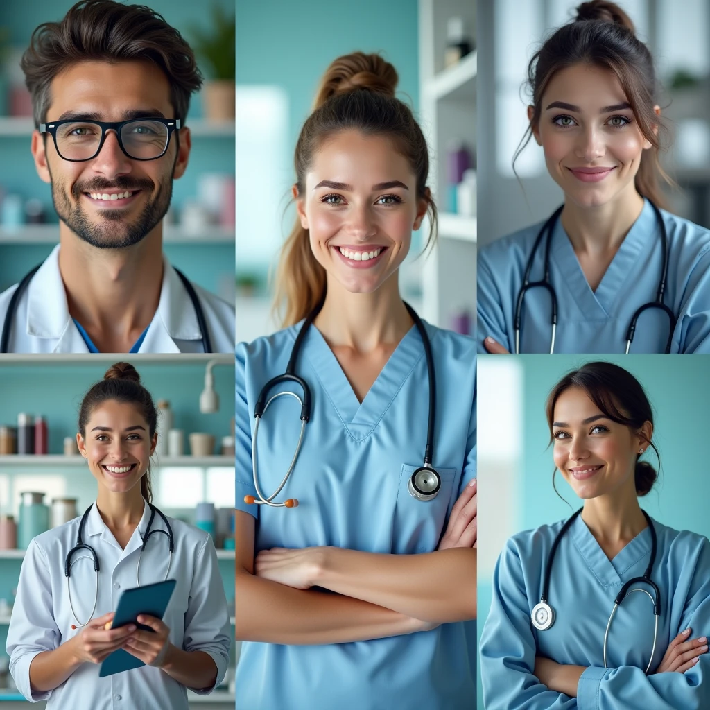 Images showing beauty professionals are required (Nurses, pharmacist, Biomedical, Beauticians, for example) I'm excited about my job, Very excited. Realistic images.