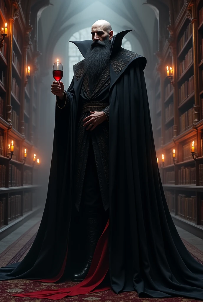 venerable regal black bearded pale skinned vampire lord in long black cape in a candlelit gothic library, glass of red win in hand