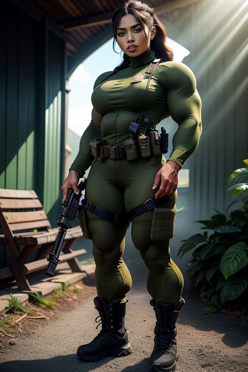 Photorealistic, high resolution, 1 malay woman wearing a green beret, Solo, Hips up, Battlefield background,view the viewer, (Detailed face), braided hair, wearing a green beret and a special team logo, SWAT vests, airborne logo on the chest, sniper rifle handle, camouflage combat suit, Camoflage military uniform, SWAT Boots, bulletproof vest, Holding an assault rifle, M16, Inside the jungle of Royal Belum, Very detailed, Perfect face, Black eye, jewelry, (full body view), Lifelike, masterpiece, HDR, 4K