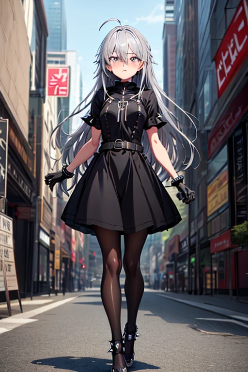 ((best quality)), ((masterpiece)), (detailed), 1 girl, Full body, 1, Face Depressed, Silver eyes, Outstretched arm, Gray zipper Hood, Blushing, Long hair, Silver hair, Spiky hair, Ahoge, Bangs, Lock of hair covering right eye, Full body, Very tall, Small breasts, Thin body, Metal spikes, Gray bracelets, Long black gloves, Gray gothic dress, Gray dress with metal spikes, Metal emblem, Somewhat tight, Black belt, Black pantyhose, Black shoes, Walking through the city, Giant metal spikes sticking out of the street, Cracked road, City background, Anime