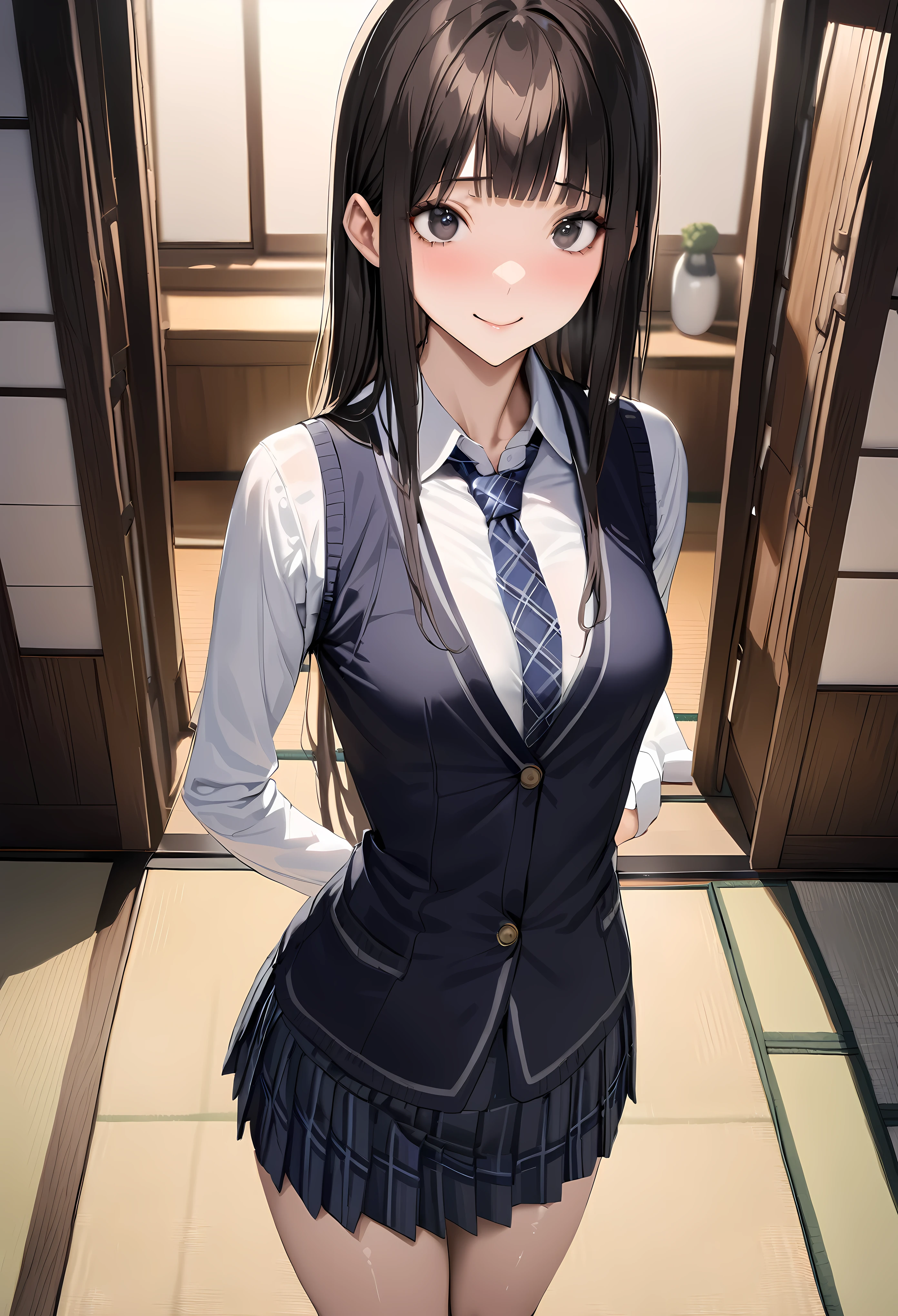 ((masterpiece,best quality anime,Highest quality:1.3)),realistic,cowboy shot,1woman,(30 year old beauty),((very small head:1.3)),((very long body:1.3)),straight long hair,black hair,(gorgeous big eyes),black eyes,shy,smile,((slender body:1.4,skinny:1.2)),((school uniform,white collared shirt,Dark blue plaid tie、Pleated navy blue check mini skirt、barefoot)),medium breasts,gleaming skin,shiny skin,standing,Tatami room、Japanese-style room、Tokyo、