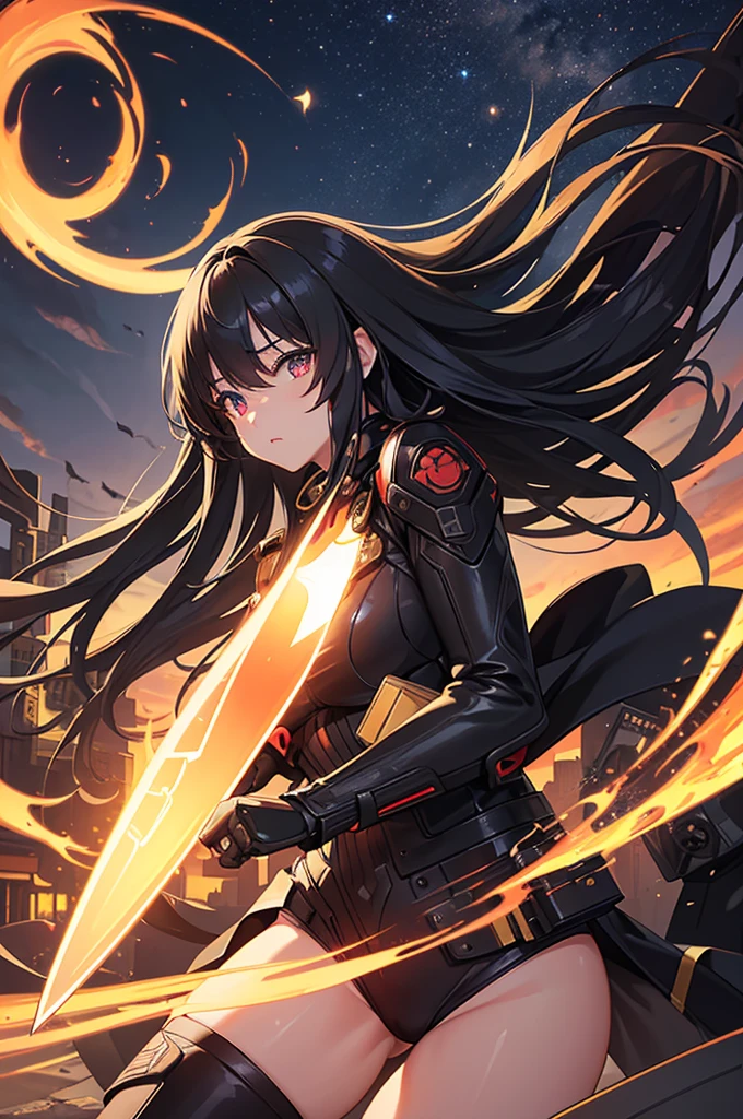 (16K,Ultra-high resolution,Highest quality,masterpiece,Super detailed,Attention to detail,Very vivid CG),Photographed from the front,((A high school girl from the near future holding a large black handgun and a combat knife in front of her)),Japanese((Flash from the gun muzzle:1.3)),Anatomically correct body,Highly detailed facial features, Beautiful and perfect face, Perfect Eyes,Best Anime,The best CG,Ruined city at sunset,A very close full moon,Detailed background,Red-black long hair,Cyber Suit,tights,Management barcode on cheek