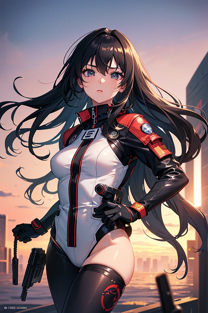 (16K,Ultra-high resolution,Highest quality,masterpiece,Super detailed,Attention to detail,Very vivid CG),Photographed from the front,((A high school girl from the near future holding a large black handgun and a combat knife in front of her)),Japanese((Flash from the gun muzzle:1.3)),Anatomically correct body,Highly detailed facial features, Beautiful and perfect face, Perfect Eyes,Best Anime,The best CG,Ruined city at sunset,A very close full moon,Detailed background,Red-black long hair,Cyber Suit,tights,Management barcode on cheek