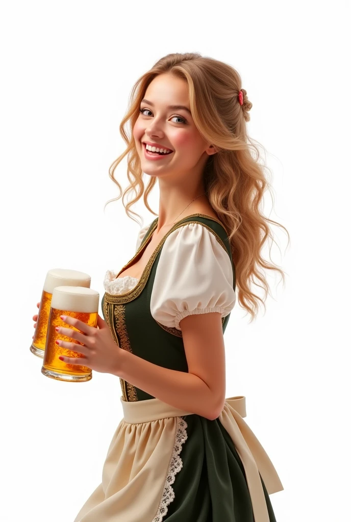 Happy beautiful Bavarian waitress serving beer, looking away joyfully isolated on white. Cheerful gorgeous Oktoberfest woman wearing traditional fest dress posing with mugs of beer, beautiful, woman, holding, beer, oktoberfest, munich-background