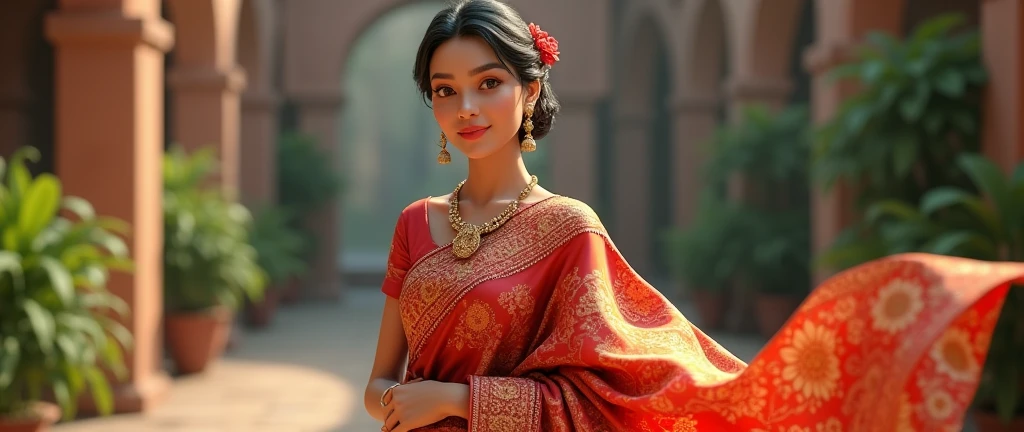 Create a realistic 3d traditional women she is wear saree