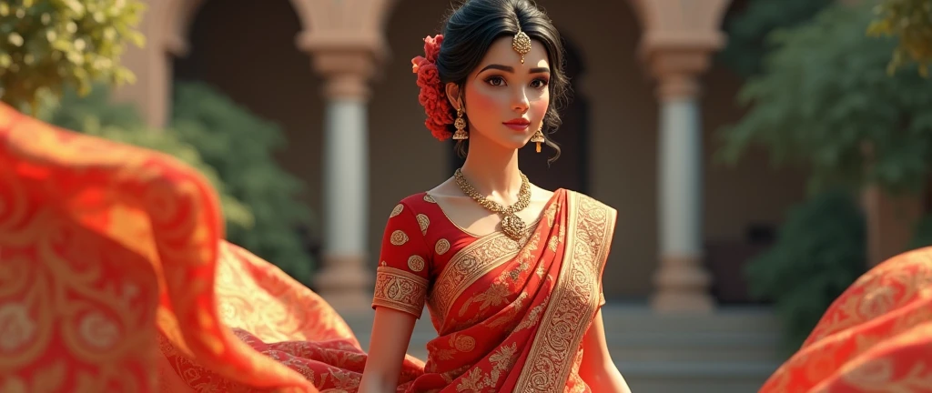 Create a realistic 3d traditional women she is wear saree