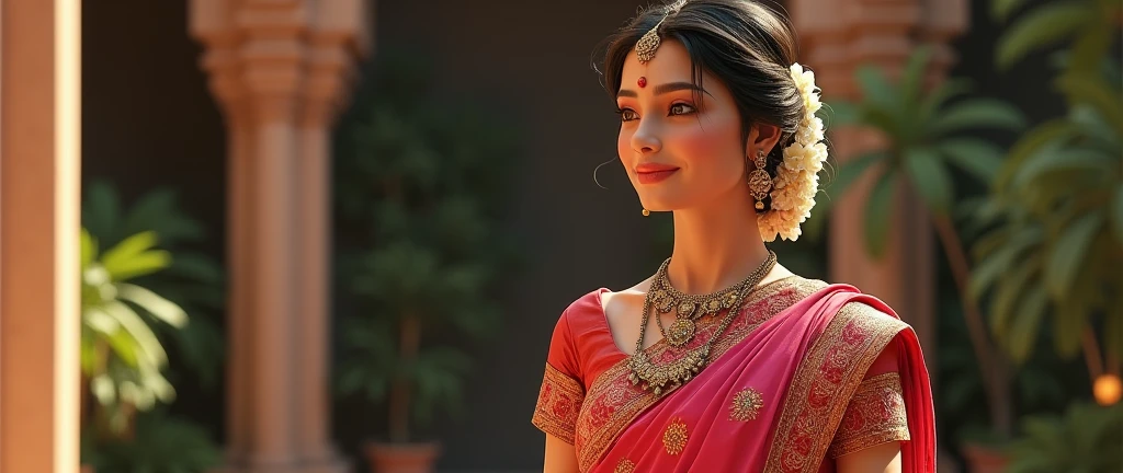 Create a realistic 3d traditional women she is wear saree