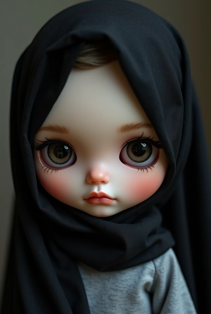 Hijabi blythe doll, dark eyes, fair skin tone, black hijab, grey shirt . Close up immage/view