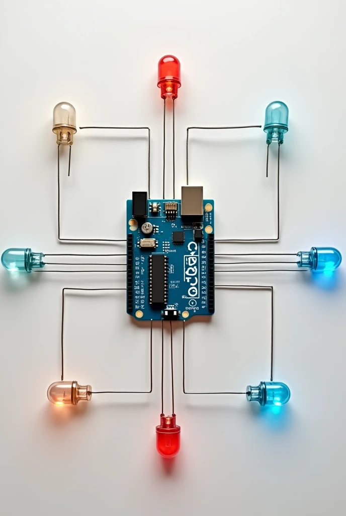 Make an easy drawing of a circuit with 5 LEDs and 5 resistors with the Arduino