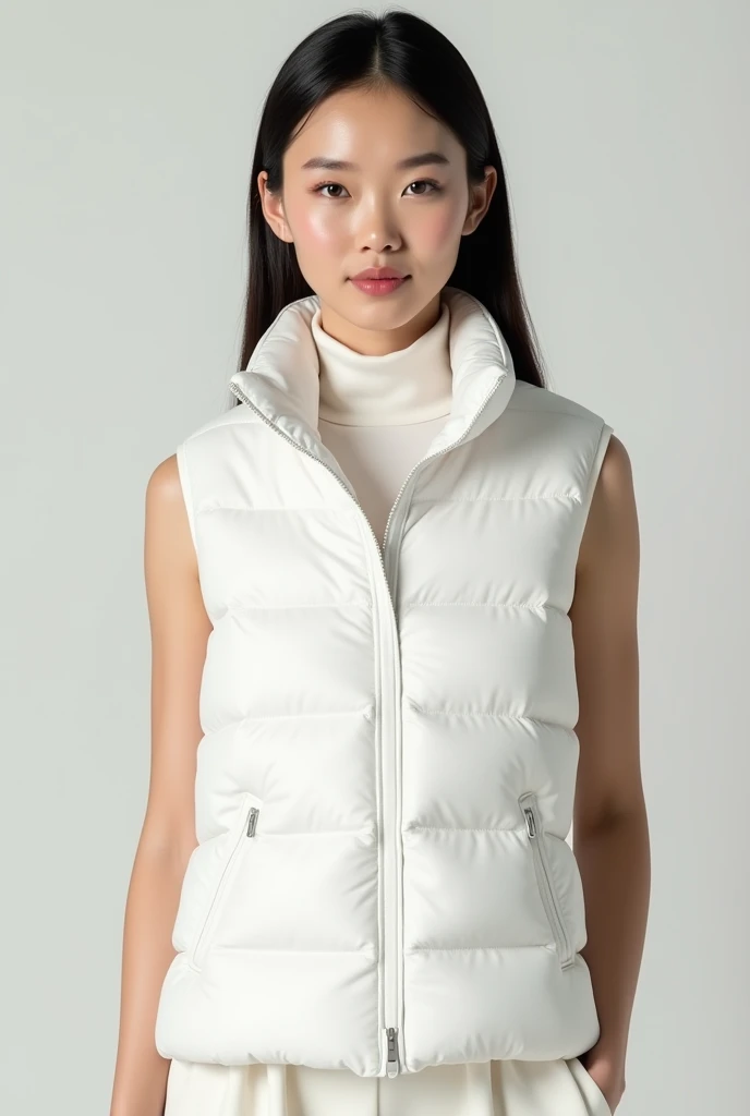 high-quality mockup woman weriaring Down vest white with front view