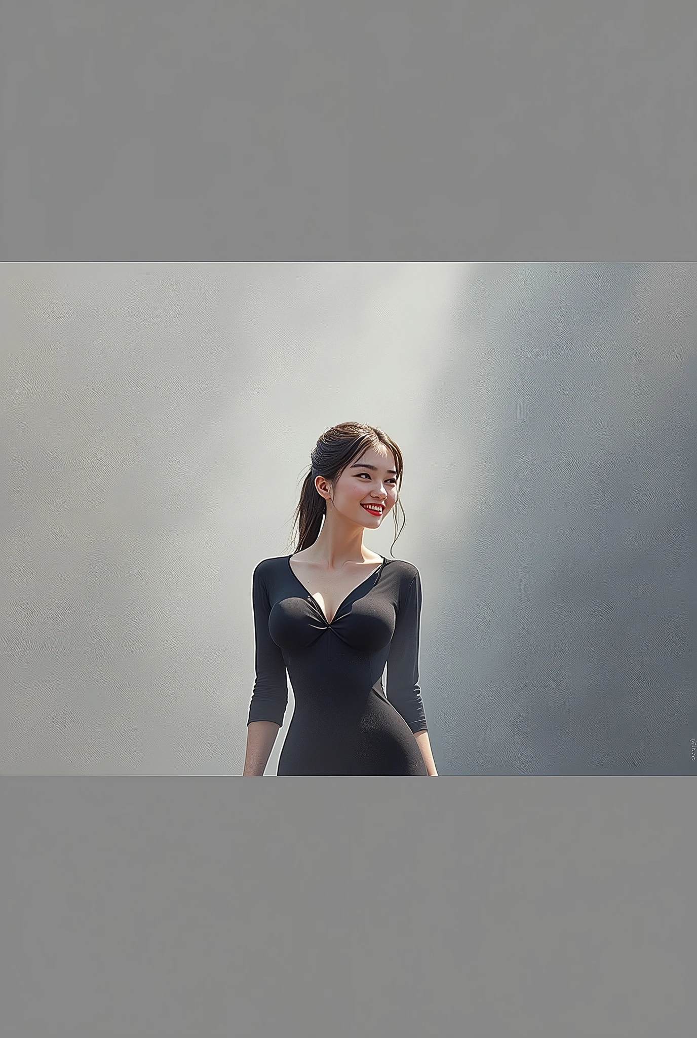 One girl,He didn't,Large Breasts,Red lips,smile,ponytail,Realistic