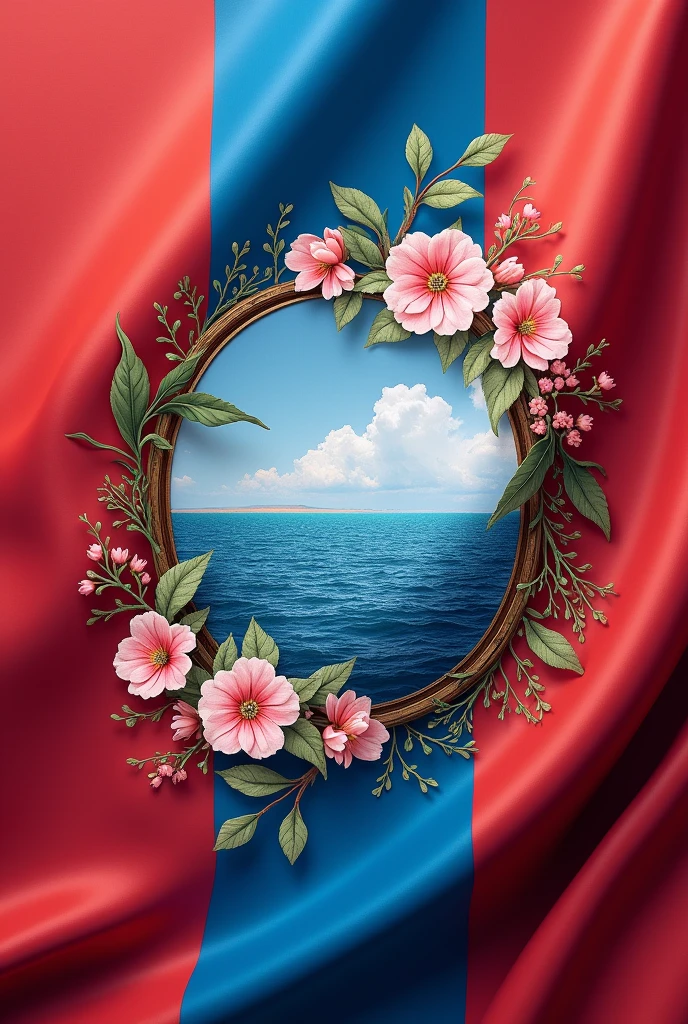 A flag of a country, smooth and without wrinkles, blue and red. containing a Coat of Arms with light pink flowers, mar, seaweed, and a written track "Merliah".