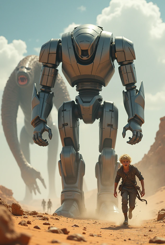 A robot of 1,70 tall, gris, on the side a man, blond and apocalyptic clothes, running from a giant worm monster in the background, they are from the desert
