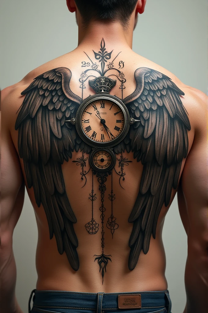 Wings tatoo with clock and rune words for man back