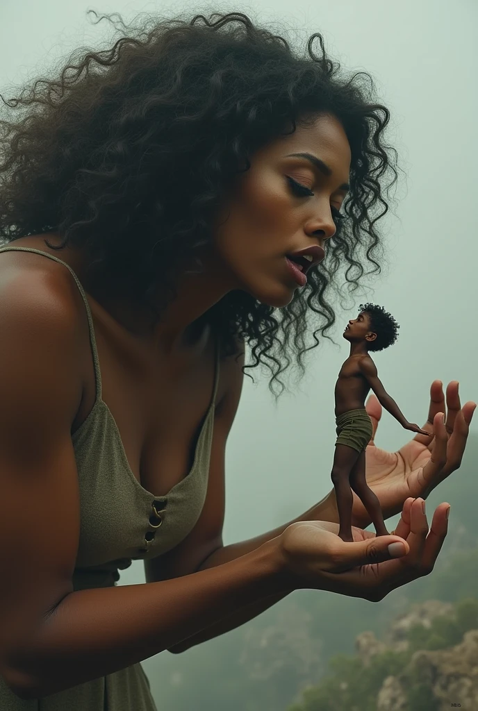 a young mixed-race giant woman, 2, cheveux curly brun noir qui tien au dessus de sa tête un petit homme par les doigts, bouche ouverte s'apprêtant à l'avaler