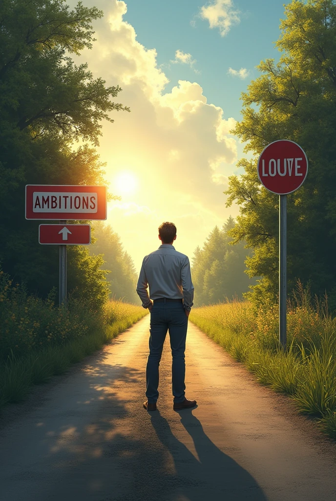 A man standing at a crossroad and looking at a road marked "Ambitions" with a bright, sunlit sky, while the other path, labeled as "Love," is shadowed and overgrown, suggesting a challenging diversion and man looking at ambition side while rejecting love.