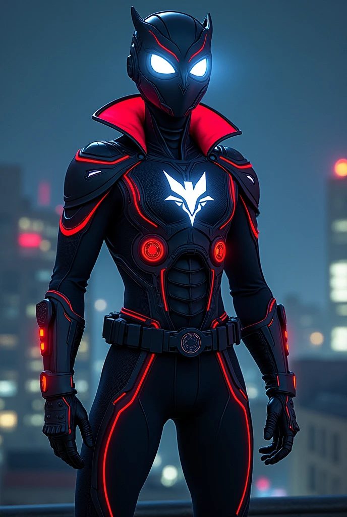 In comic book style, Nightwatcher to nastoletni superbohater o niezwykle intrygującym wyglądzie. His costume is made of flexible spandex and nanomaterials., which gives it both flexibility, as well as protection. The dominant colors in the outfit are dark gray., czerwony i granatowy, which create a strong contrast and give it a menacing look, but dynamic character.
Nosi zaawansowany technologicznie hełm o aerodynamicznym kształcie. Its surface has integrated white bionic sharp owl-style eyes.
There is a unique emblem on the chest, which is inspired by four animals: węgorzem, a spider, snow leopard and owl. His hands, łokcie, the shoulders and waist are decorated with round emblems. The whole costume has an eel-style pattern, snow leopard and spider. He stands in a dynamic pose on the roof of a building at night..