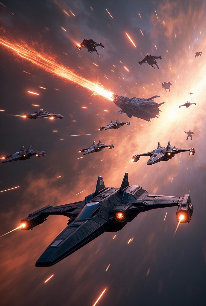 fantasy. Intergalactic battle in open space, humans vs aliens. Lots of spaceships.