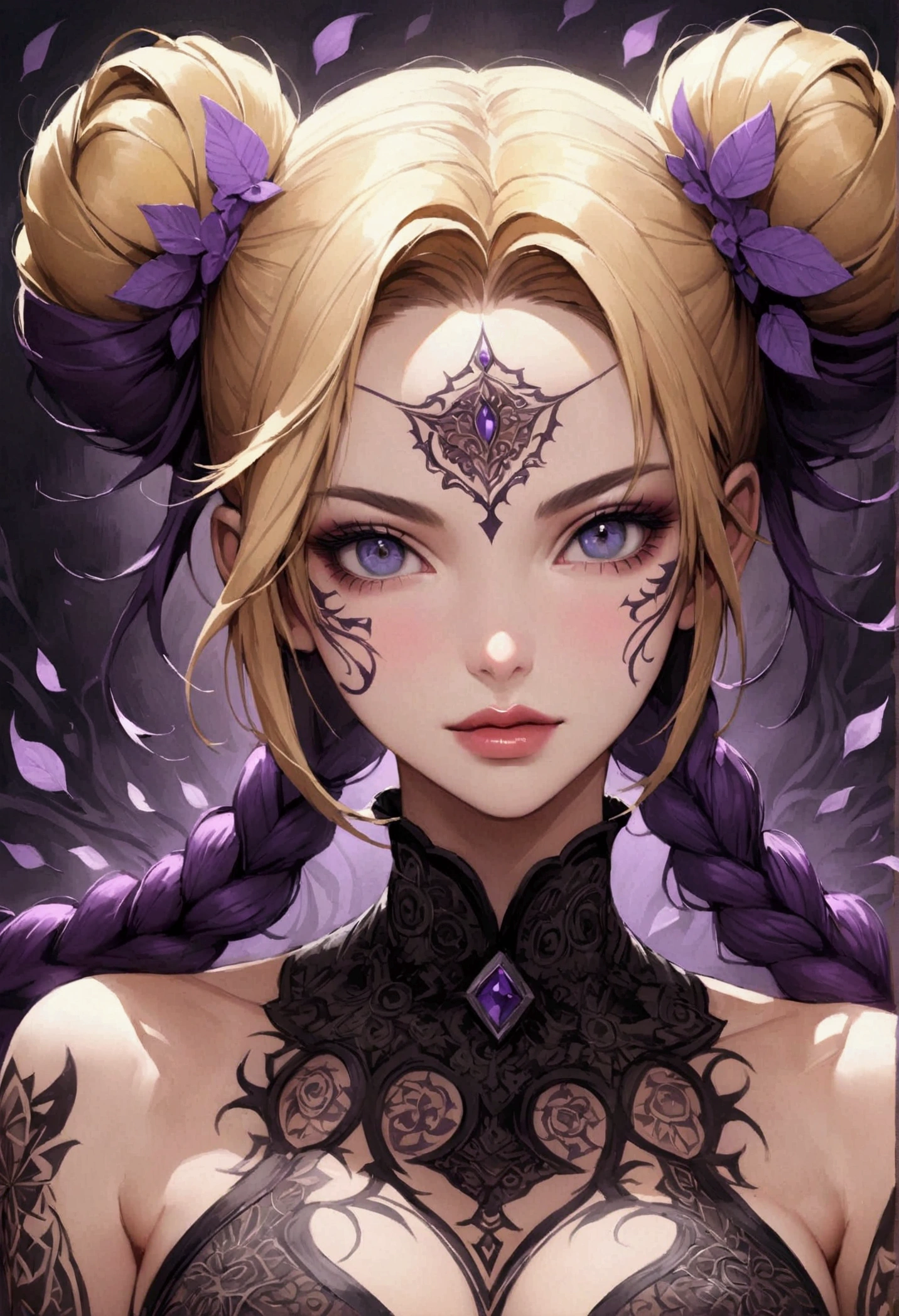 A highly detailed, hyper-realistic portrait painting of a young woman sexy decote Sensual gig titis semi nua with vibrant purple hair styled in an elaborate high bun and two long braided pigtails. The blonde hair  features intricate insetos moscas baratas escaravelho with various insetos including moscas batatas insetos and a prominent dragons with 'UNS' written in white bold letters. The woman's face is starsvered in elaborate tattoos with intricate designs including swirls, leaves, geometric pat