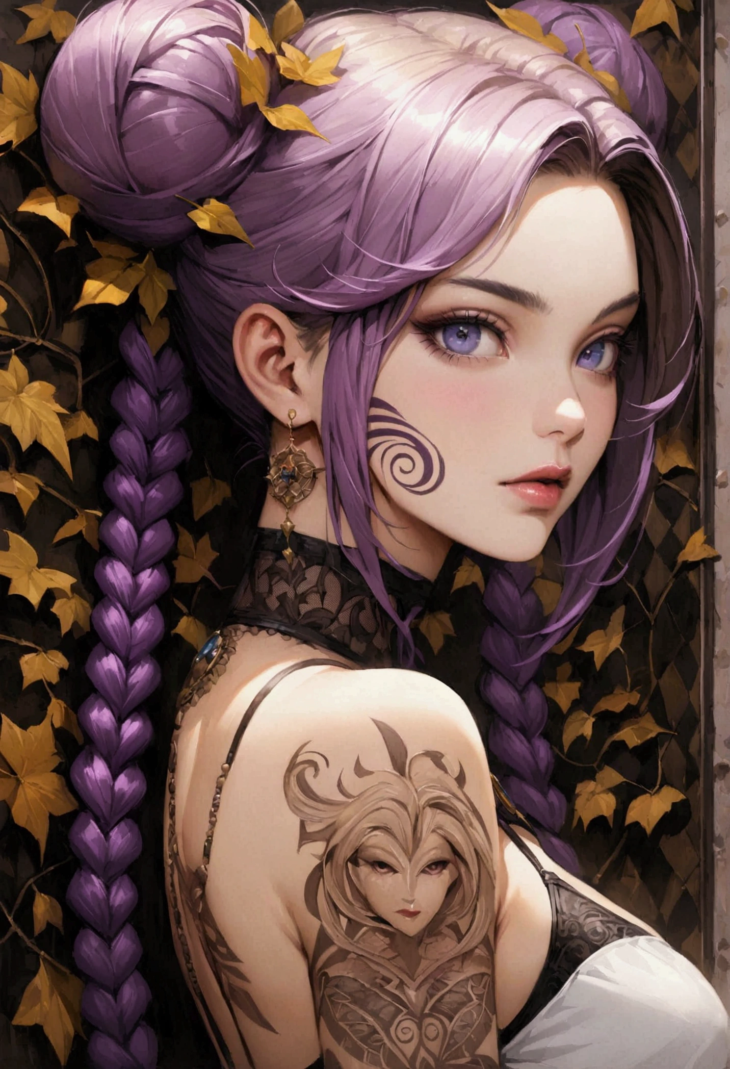 A highly detailed, hyper-realistic portrait painting of a young woman sexy decote Sensual gig titis semi nua with vibrant purple hair styled in an elaborate high bun and two long braided pigtails. The blonde hair features intricate insetos moscas baratas escaravelho with various insetos including moscas batatas insetos and a prominent dragons with 'UNS' written in white bold letters. The woman's face is starsvered in elaborate tattoos with intricate designs including swirls, leaves, geometric pat