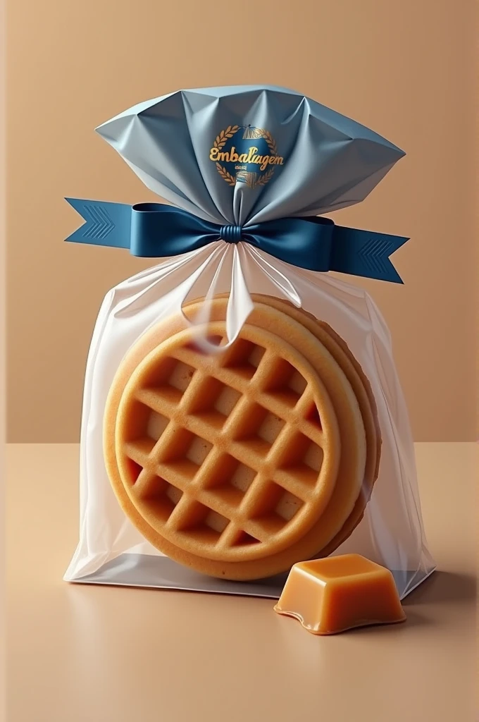 ((Embalagem flowpack)) for round waffle. A bundle of packaging must be transparent to view the biscuit contained within it.. Add a block of sweet caramel to the image and use a dark blue color and logo on the packaging.