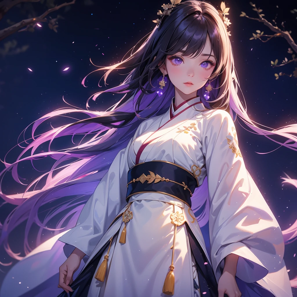 A beautiful female in white hanfu dress , Standing in the middle of Background is a dark moonless night, with dry trees in the background, and purple glowing light , close up.