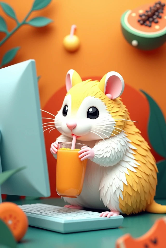 a white and yellow hamster, sitting in front of a computer, with a papaya smoothie, masterpiece, all in three dimensional paper art、(Almond Shapes);1.9、(Three-dimensional paper-cut art.、colorful):1.9