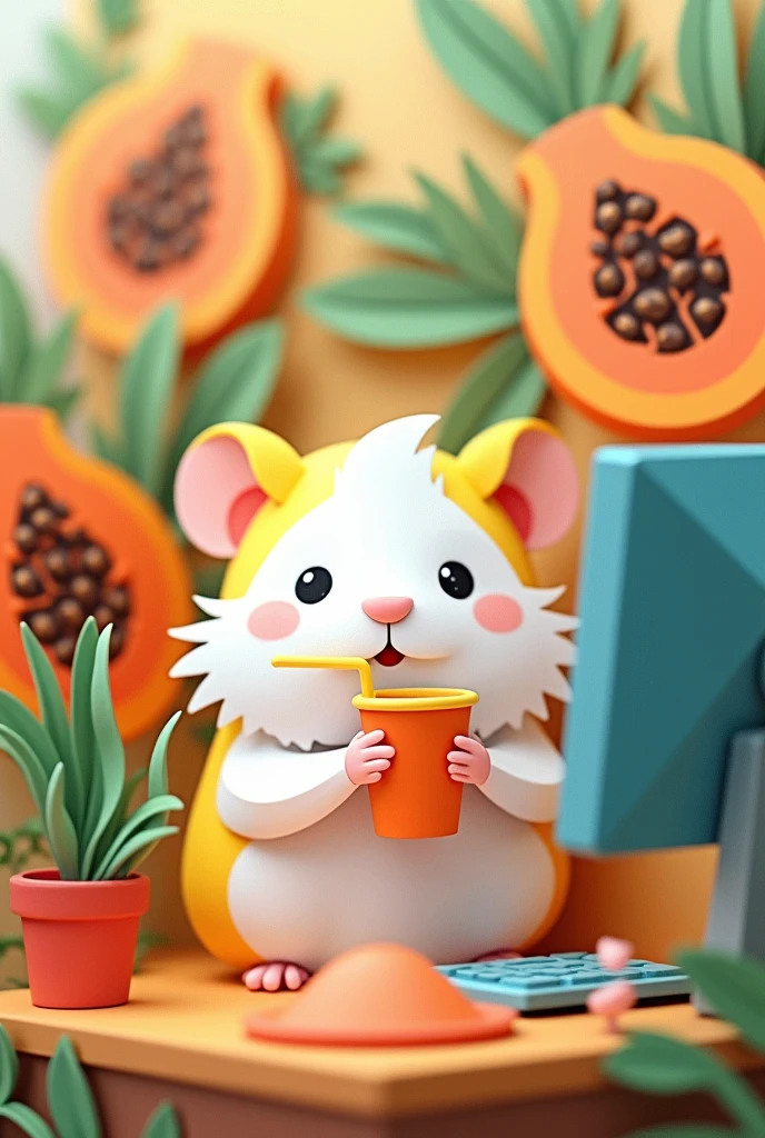 a white and yellow hamster, sitting in front of a computer, with a papaya smoothie, masterpiece, all in three dimensional paper art、(Almond Shapes);1.9、(Three-dimensional paper-cut art.、colorful):1.9